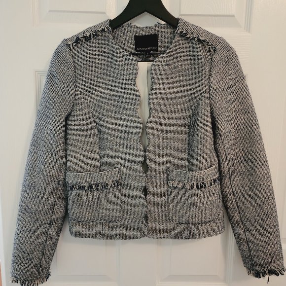 Banana Republic Scalloped Tweed Blue & Cream Glittery Blazer Size 2 - Picture 1 of 8